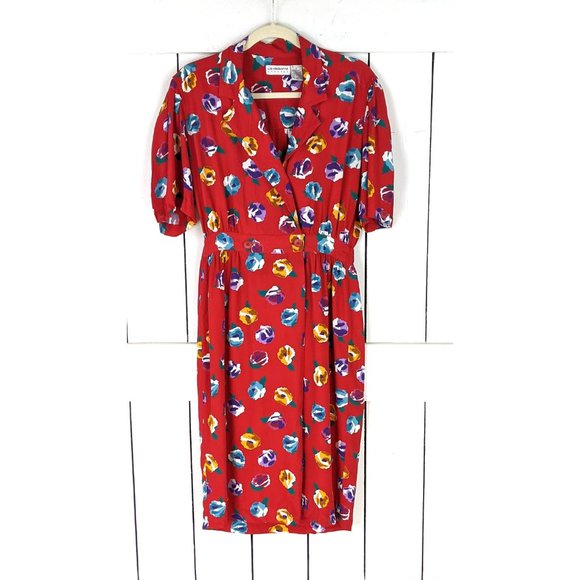 Vintage Liz Claiborne red floral short sleeve midi dress 10 - Picture 6 of 7
